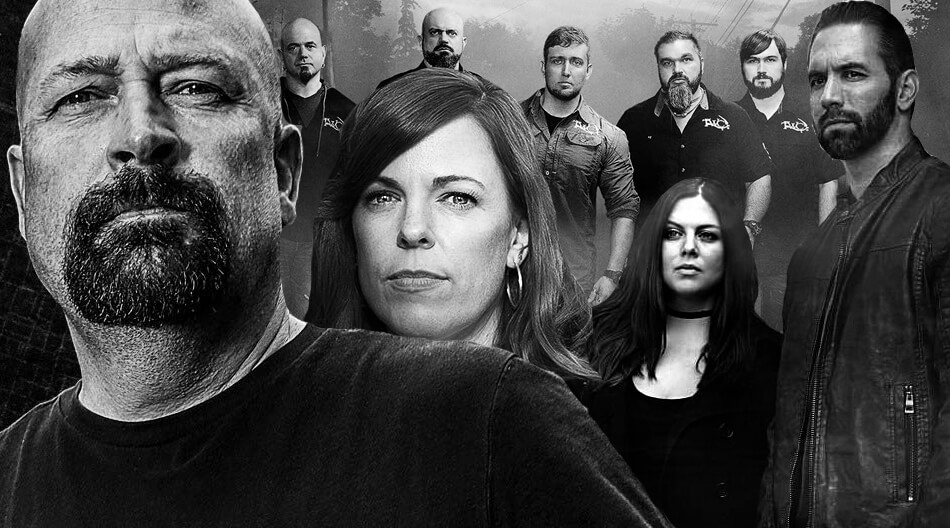 A black and white photo featuring a group of paranormal investigators that are known from tv shows.