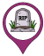 Haunted graveyard marker. Maroon location pin icon featuring a gravestone with "RIP" inscribed, surrounded by grass.