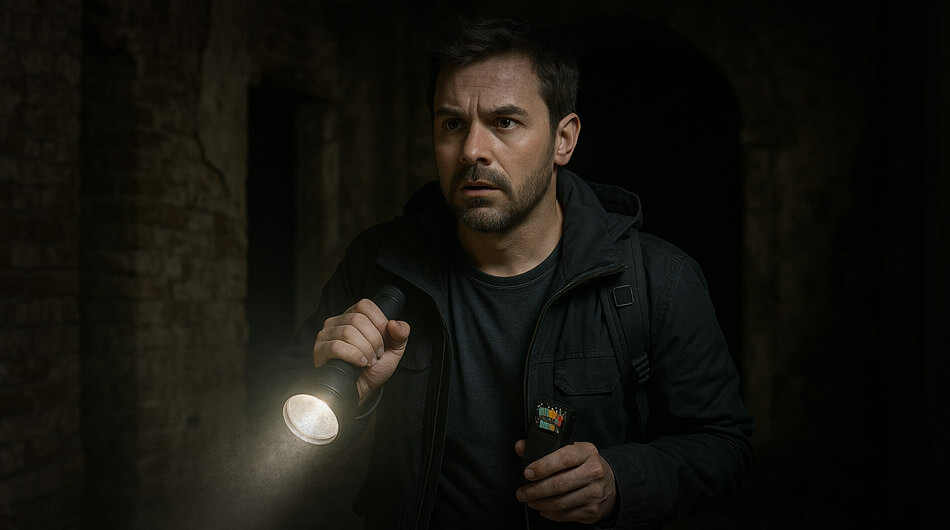 A man in a dark, abandoned building shines a flashlight ahead and holds an EMF meter, appearing cautious and alert as he pursues his ghost hunter hobby.
