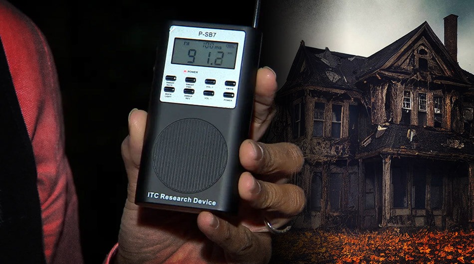 Hand holding a Ghost Box during a session with a white ghost in the background.