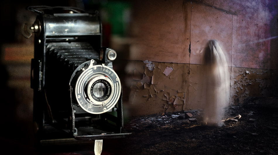 An old-fashioned camera on the left captures a blurry, semi-transparent figure, evoking a ghost sighting, as it stands in a dim, worn-out room with peeling walls on the right.