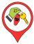 Haunted hotel marker. Red location pin icon with a green hand holding a yellow key and a red keychain.