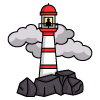 A haunted looking lighthouse with a silhouette in window and mist surrounding it.