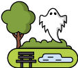 A ghost floating above a bench in a park.