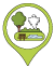 Haunted park marker. Green location pin icon featuring a tree, picnic table, pond, and ghost.