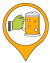 Haunted pub marker. Orange location pin icon featuring a green hand holding a frothy beer mug.