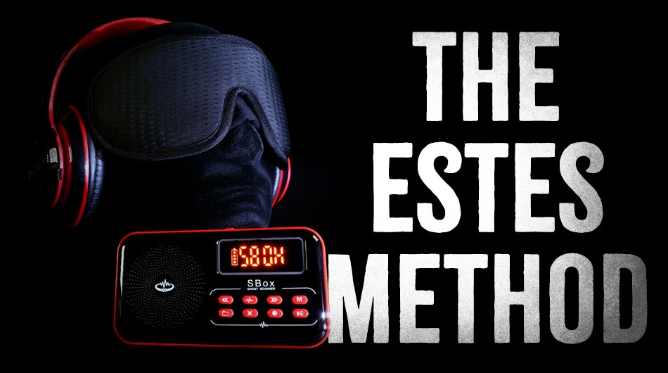 Image of the Estes Method Kit from GhostStop. Ghost Hunting Equipment, featuring a blindfold, headphones, and an SBox device also known as a spirit box with a displayed frequency.